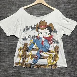 Betty Boop Vintage Shirt Women's L White Cowgirl Single Stitch Glitter RARE